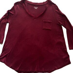 Merona Ladies Top Large Maroon Burgundy 3 /4 sleeves Raw Vee Neck Read